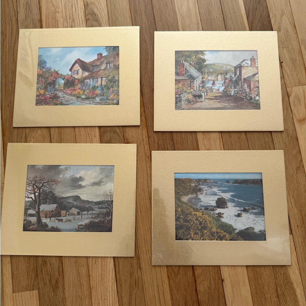 Original Silvery Fantasy Art Set 4 Matted Landscape Prints Cottage & Seascape